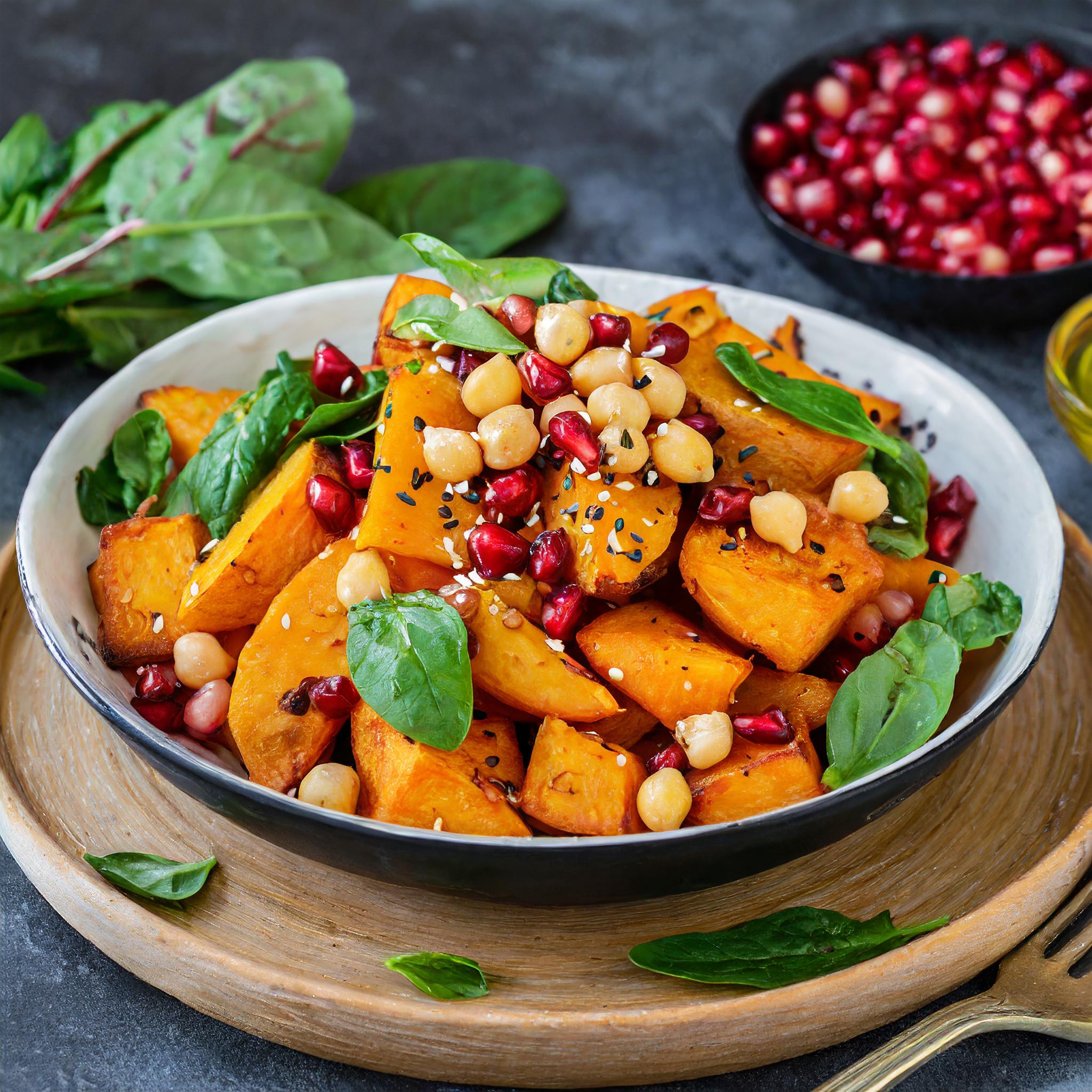 Ofenkartoffelsalat mit Kichererbsen und Spinat schön angerichtet auf einem Teller